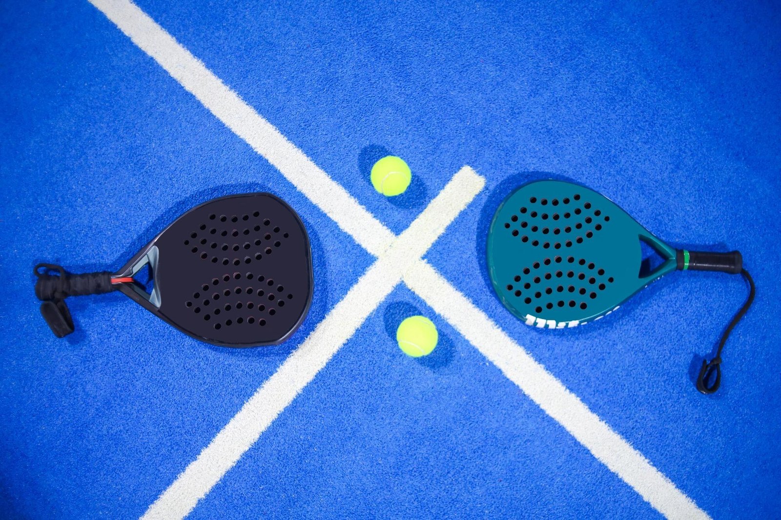 Dos palas de pádel y dos pelotas sobre una pista