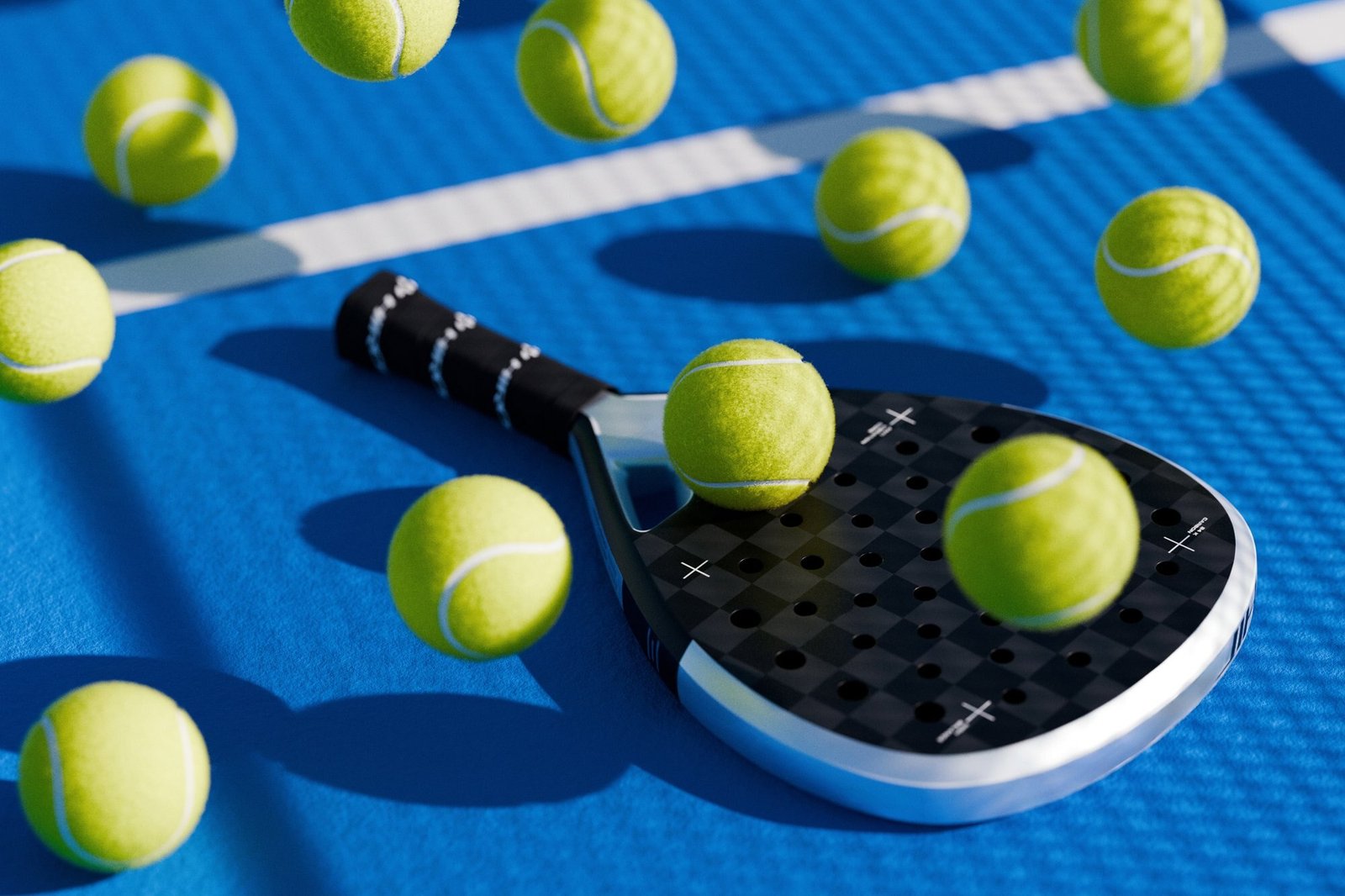 Pala de pádel y varias pelotas sobre una pista azul