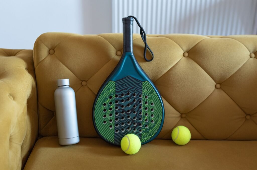 Pala de pádel, pelotas y botella de agua preparadas como equipo de juego